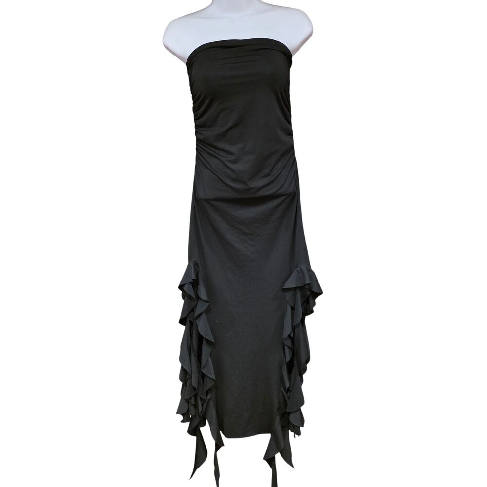 Black strapless stretchy midi salsa dress with fringe sz L‎